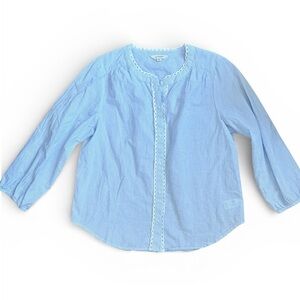 Lucky Brand Light Blue & White Pinstripe Blouse w/ Crochet Trim, Sz M